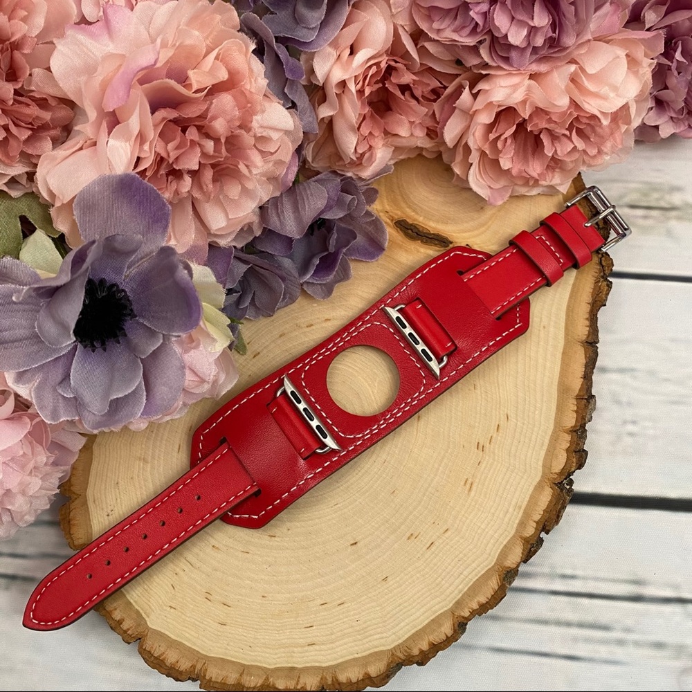 Vegan Leather Red Double Cuff Watchband for Apple - Picture 7 of 13